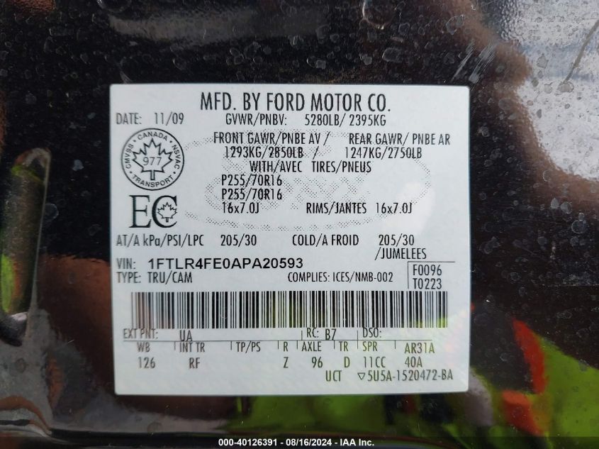 2010 Ford Ranger Sport/Xlt VIN: 1FTLR4FE0APA20593 Lot: 40126391