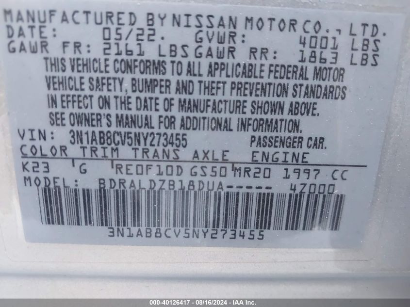 2022 NISSAN SENTRA SV XTRONIC CVT - 3N1AB8CV5NY273455