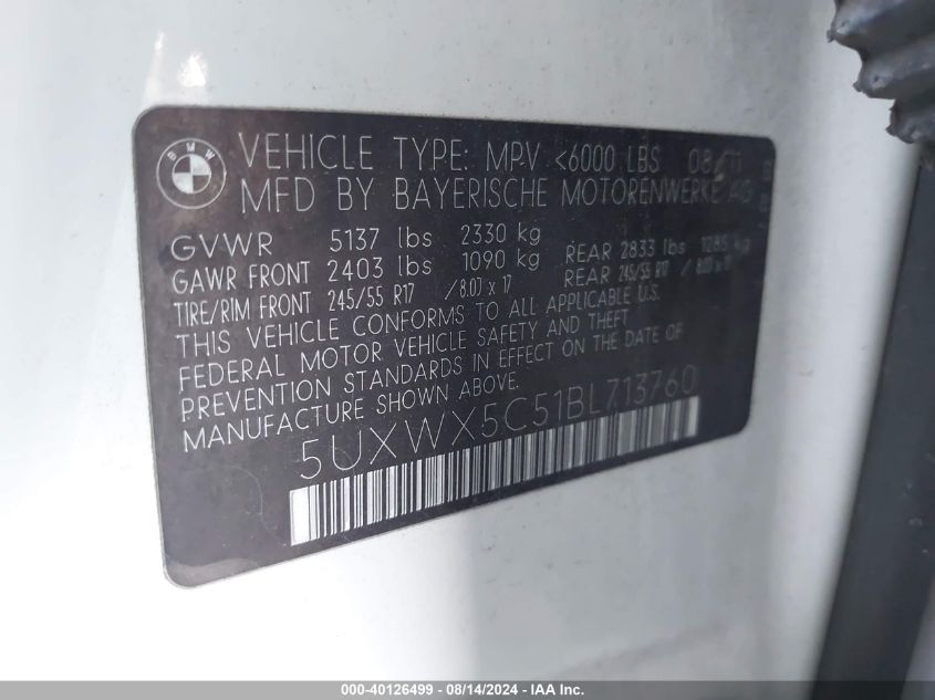 2011 BMW X3 xDrive28I VIN: 5UXWX5C51BL713760 Lot: 40126499