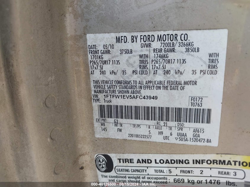2010 Ford F-150 Fx4/Harley-Davidson/King Ranch/Lariat/Platinum/Xl/Xlt VIN: 1FTFW1EV5AFC43949 Lot: 40126500