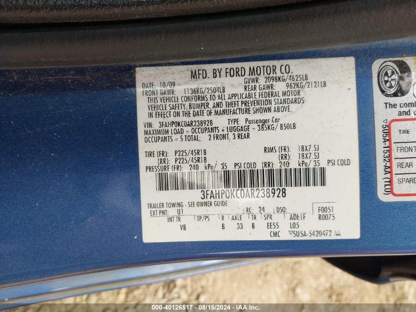 2010 Ford Fusion Sport VIN: 3FAHP0KC0AR238928 Lot: 40126517