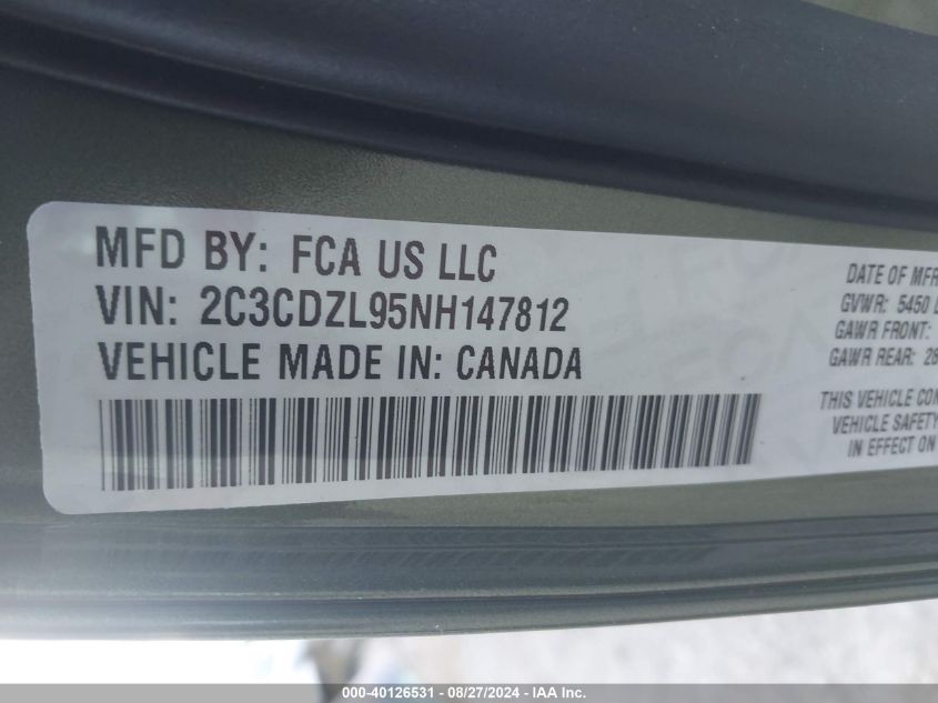 2022 Dodge Challenger Srt Super Stock VIN: 2C3CDZL95NH147812 Lot: 40126531