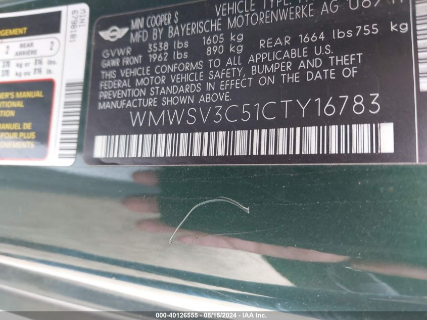 2012 Mini Cooper S VIN: WMWSV3C51CTY16783 Lot: 40126555