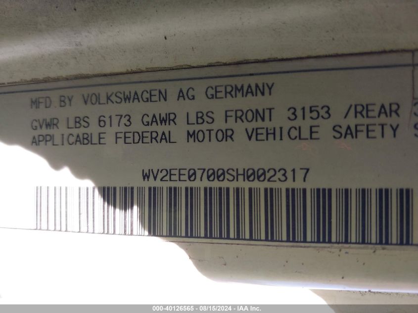 1995 Volkswagen Eurovan Camper/Transporter VIN: WV2EE0700SH002317 Lot: 40126565