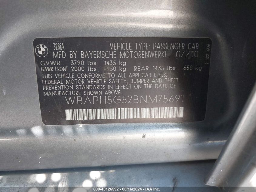 2011 BMW 328I VIN: WBAPH5G52BNM75691 Lot: 40126592