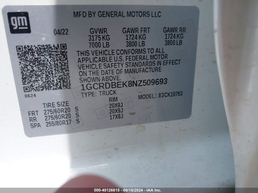 2022 Chevrolet Silverado 1500 4Wd Double Cab Standard Bed Custom VIN: 1GCRDBEK8NZ509693 Lot: 40126615
