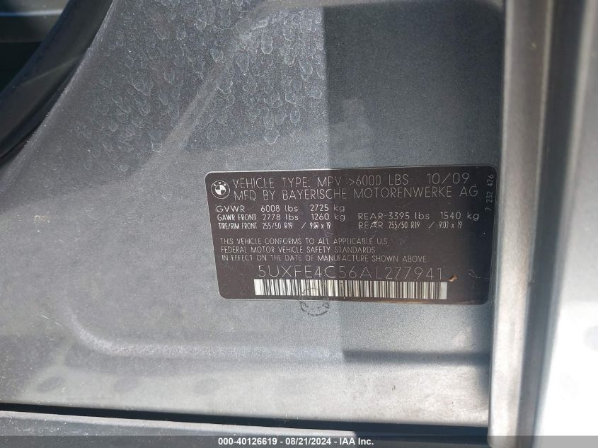 2010 BMW X5 xDrive30I VIN: 5UXFE4C56AL277941 Lot: 40126619