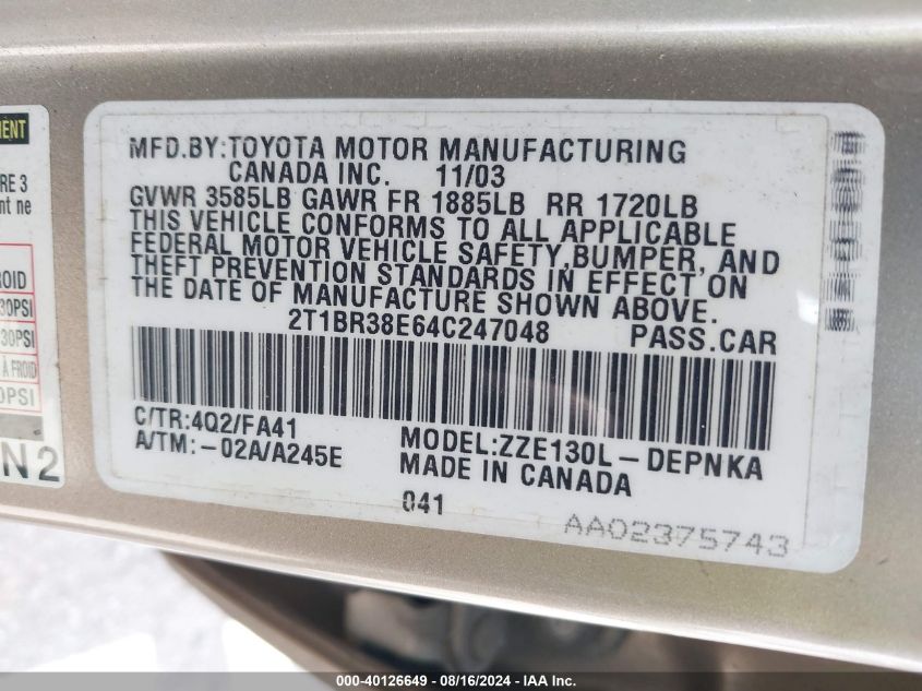 2004 Toyota Corolla Le VIN: 2T1BR38E64C247048 Lot: 40126649