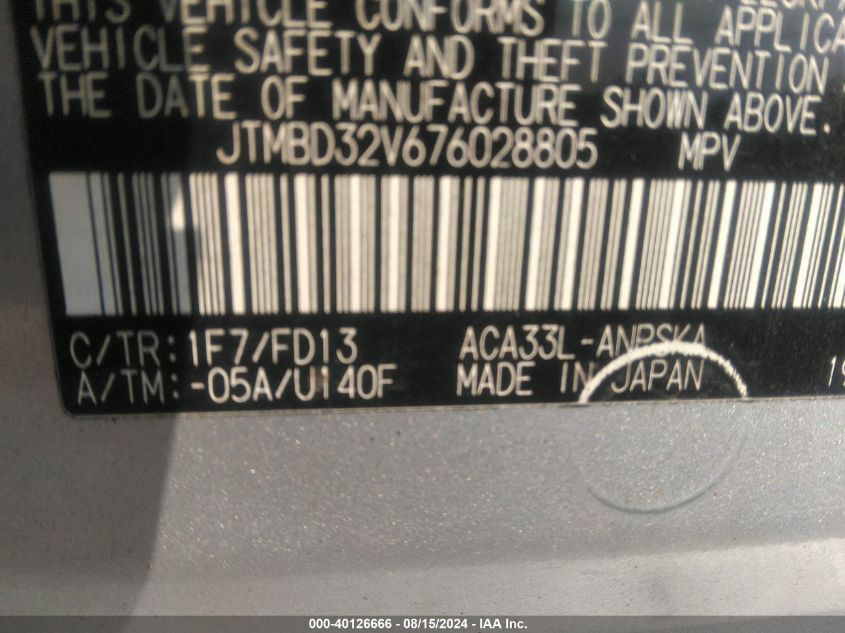 2007 Toyota Rav4 Sport VIN: JTMBD32V676028805 Lot: 40126666