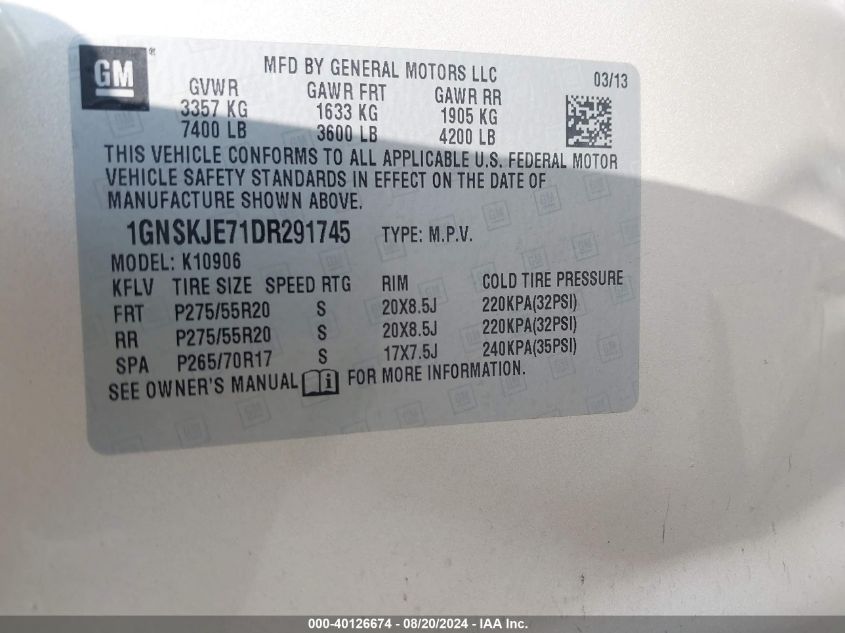 2013 Chevrolet Suburban 1500 Lt VIN: 1GNSKJE71DR291745 Lot: 40126674