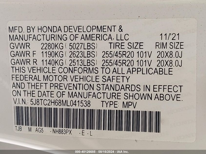 2021 Acura Rdx A-Spec Package VIN: 5J8TC2H68ML041538 Lot: 40126685