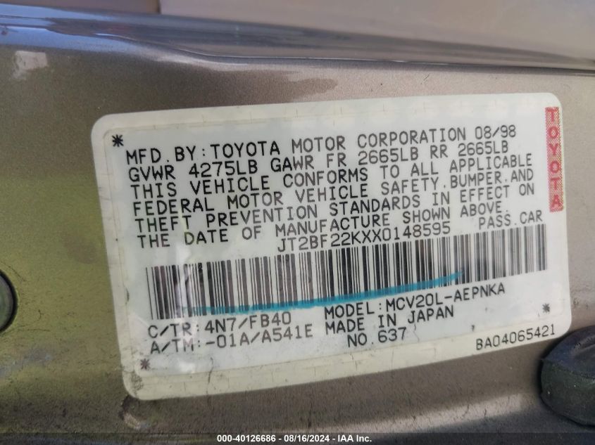 1999 Toyota Camry Le V6 VIN: JT2BF22KXX0148595 Lot: 40126686