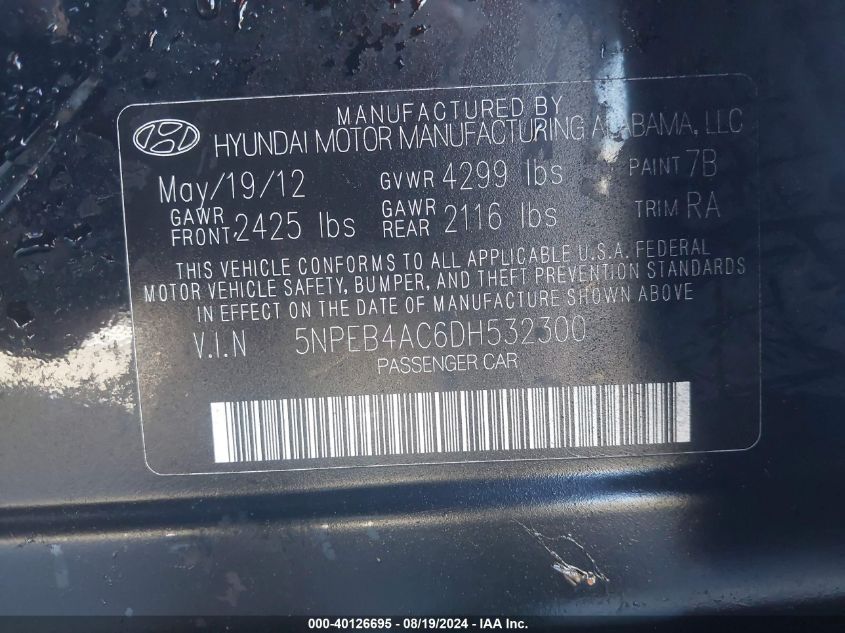 2013 Hyundai Sonata Gls VIN: 5NPEB4AC6DH532300 Lot: 40126695