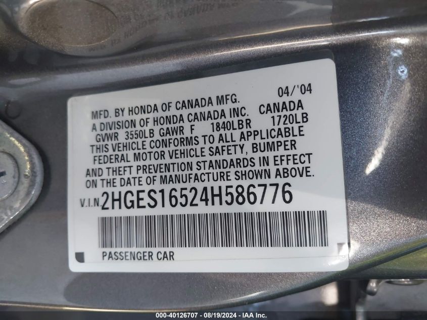 2004 Honda Civic Lx VIN: 2HGES16524H586776 Lot: 40126707