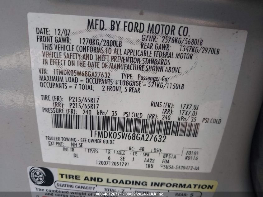 1FMDK05W68GA27632 2008 Ford Taurus X Sel