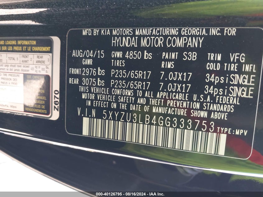 2016 Hyundai Santa Fe Sport VIN: 5XYZU3LB4GG333753 Lot: 40126795