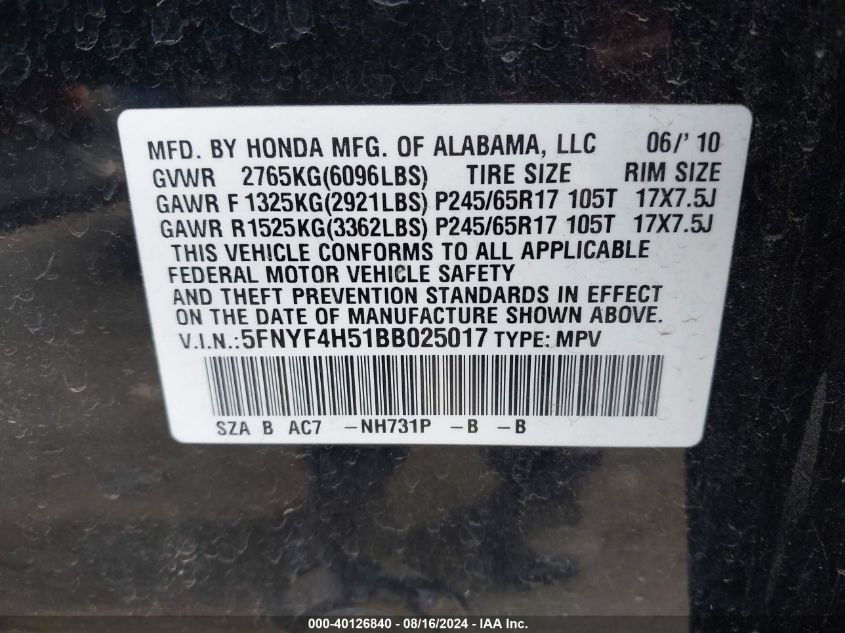 2011 Honda Pilot Ex-L VIN: 5FNYF4H51BB025017 Lot: 40126840