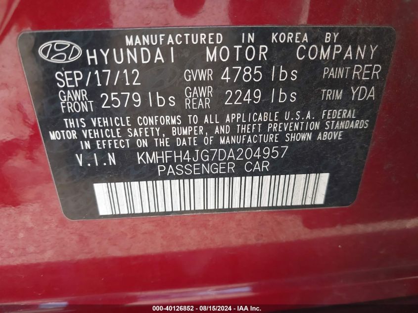 2013 Hyundai Azera VIN: KMHFH4JG7DA204957 Lot: 40126852