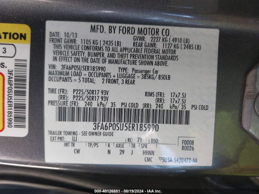 2014 Ford Fusion Energi Titanium VIN: 3FA6P0SU5ER185990 Lot: 40126881