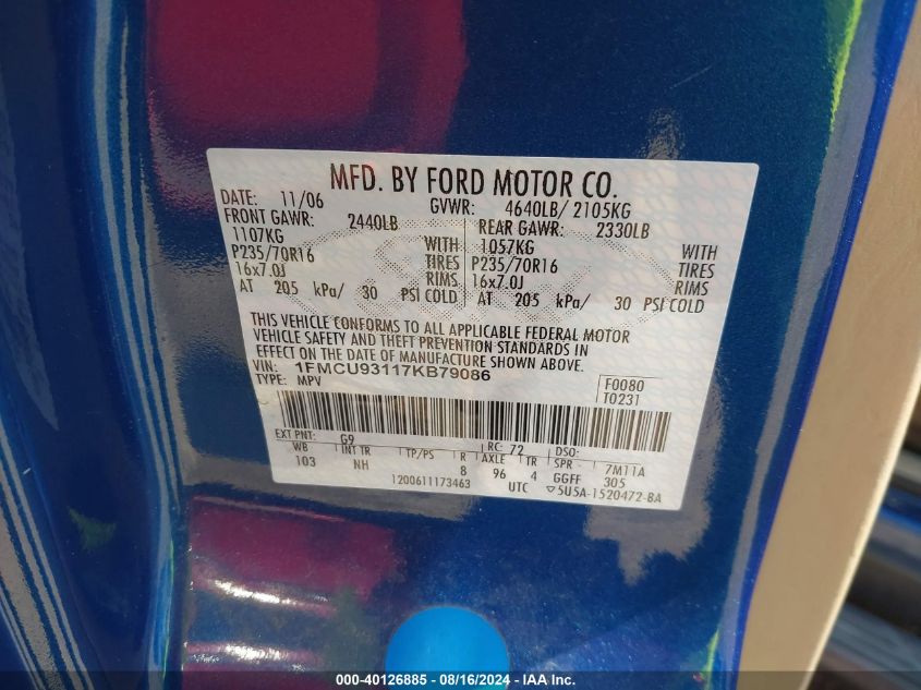 2007 Ford Escape Xlt/Xlt Sport VIN: 1FMCU93117KB79086 Lot: 40126885