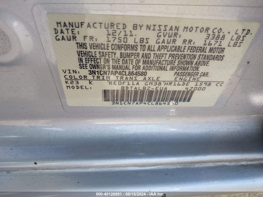 2012 Nissan Versa 1.6 Sv VIN: 3N1CN7AP4CL864580 Lot: 40126891