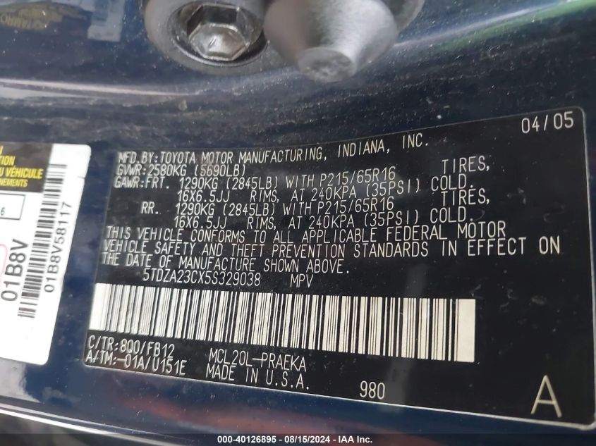 2005 Toyota Sienna Le VIN: 5TDZA23CX5S329038 Lot: 40126895