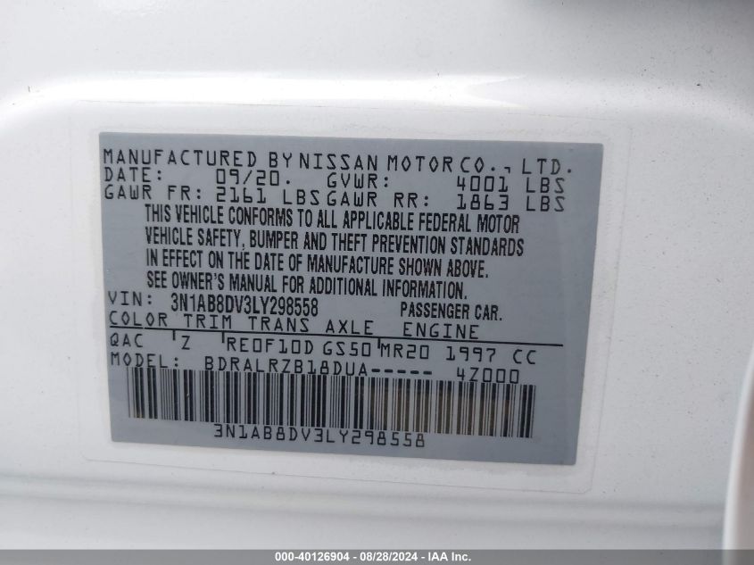 2020 Nissan Sentra Sr Xtronic Cvt VIN: 3N1AB8DV3LY298558 Lot: 40126904