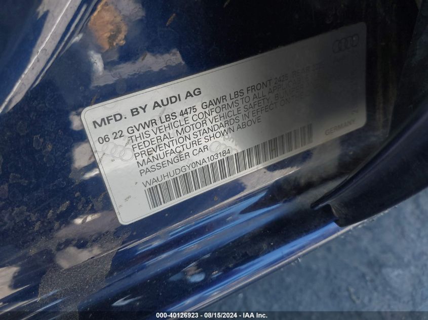 2022 Audi A3 Premium Plus 40 Tfsi Quattro S Tronic VIN: WAUHUDGY0NA103184 Lot: 40126923