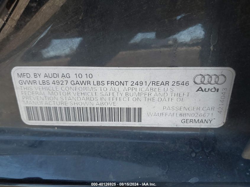 2011 Audi A4 Premium Plus VIN: WAUFFAFL6BN026671 Lot: 40126925