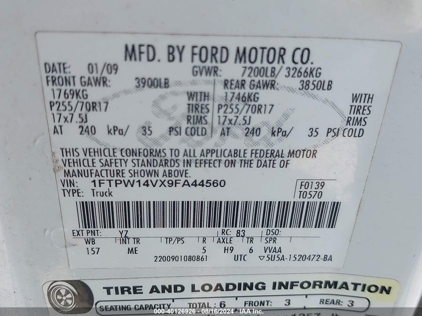 2009 Ford F-150 Fx4/King Ranch/Lariat/Platinum/Xl/Xlt VIN: 1FTPW14VX9FA44560 Lot: 40126926