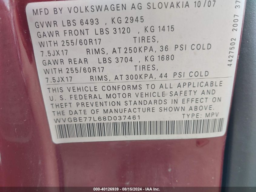 WVGBE77L68D037461 2008 Volkswagen Touareg 2 Vr6 Fsi