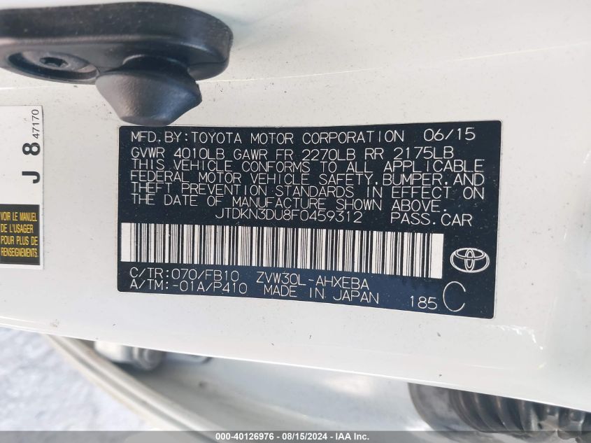 2015 Toyota Prius Three VIN: JTDKN3DU8F0459312 Lot: 40126976