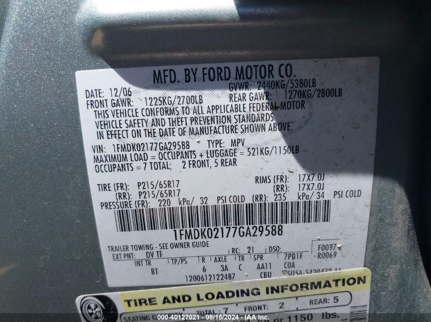 1FMDK02177GA29588 2007 Ford Freestyle Sel