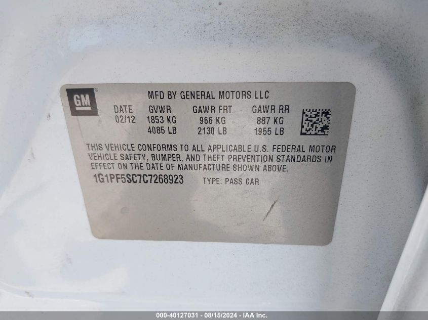 2012 Chevrolet Cruze 1Lt VIN: 1G1PF5SC7C7268923 Lot: 40127031