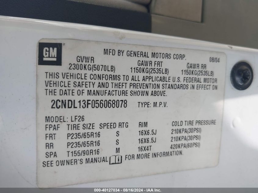 2CNDL13F056068078 2005 Chevrolet Equinox Ls