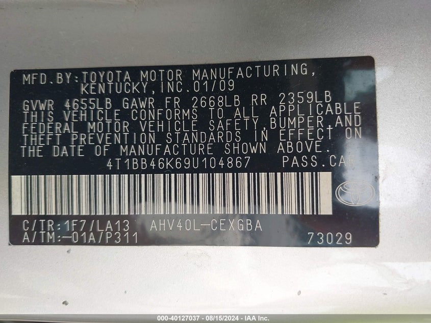 2009 Toyota Camry Hybrid Hybrid VIN: 4T1BB46K69U104867 Lot: 40127037
