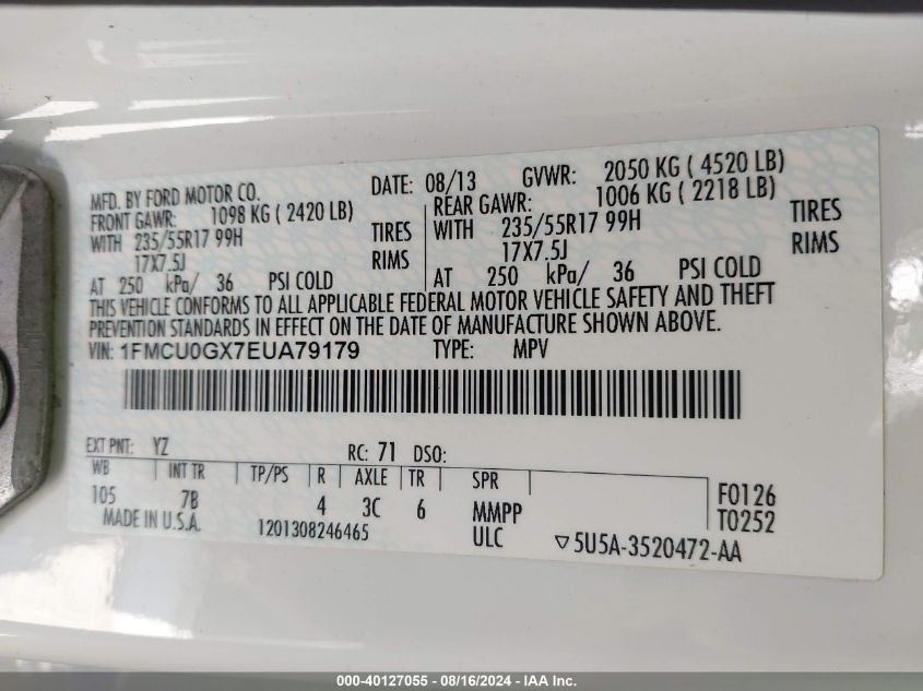 2014 Ford Escape Se VIN: 1FMCU0GX7EUA79179 Lot: 40127055