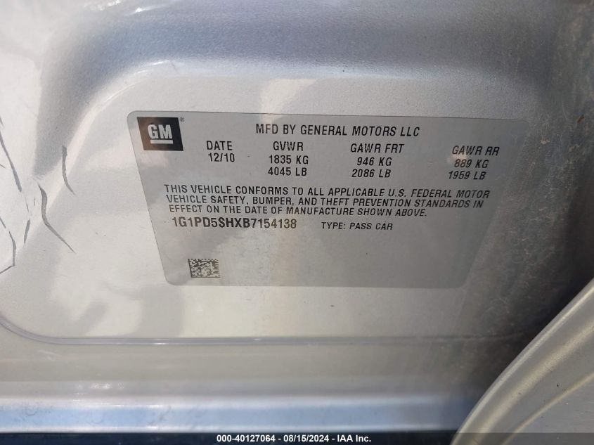 2011 Chevrolet Cruze Ls VIN: 1G1PD5SHXB7154138 Lot: 40127064