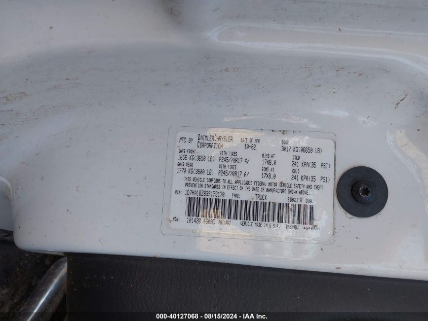 2003 Dodge Ram 1500 Slt/Laramie/St VIN: 1D7HA18Z83S179170 Lot: 40127068