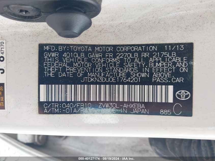 2014 Toyota Prius Two VIN: JTDKN3DU0E1764201 Lot: 40127174