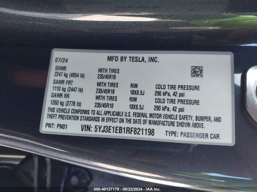 2024 Tesla Model 3 Long Range Dual Motor All-Wheel Drive VIN: 5YJ3E1EB1RF821198 Lot: 40127179