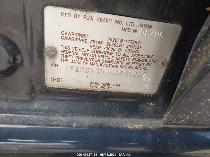 2006 Subaru Impreza 2.5I VIN: JF1GD67636G501227 Lot: 40127191