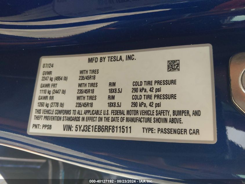 2024 Tesla Model 3 Long Range Dual Motor All-Wheel Drive VIN: 5YJ3E1EB6RF811511 Lot: 40127192