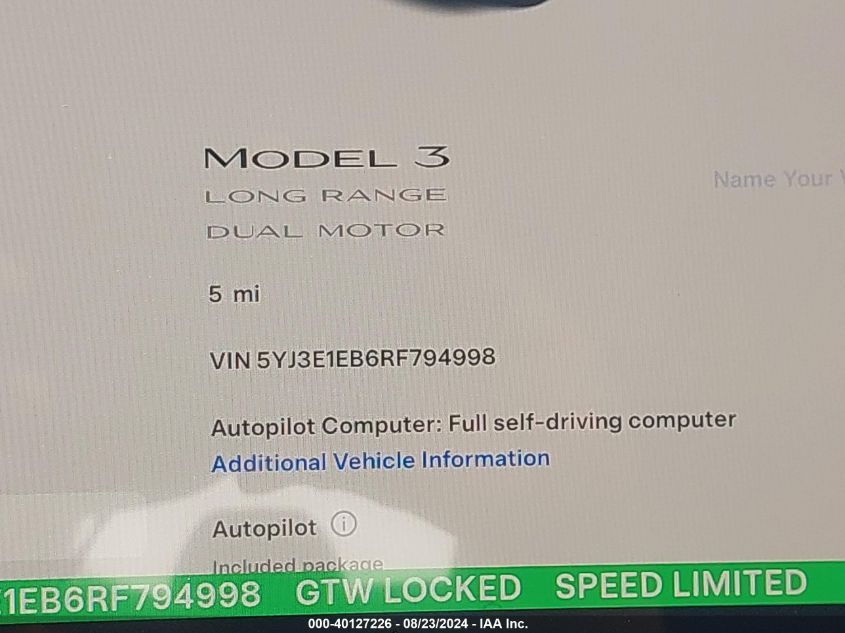 2024 Tesla Model 3 Long Range Dual Motor All-Wheel Drive VIN: 5YJ3E1EB6RF794998 Lot: 40127226