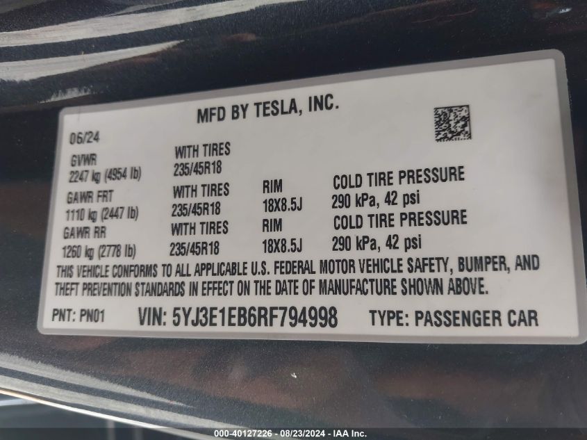 2024 Tesla Model 3 Long Range Dual Motor All-Wheel Drive VIN: 5YJ3E1EB6RF794998 Lot: 40127226