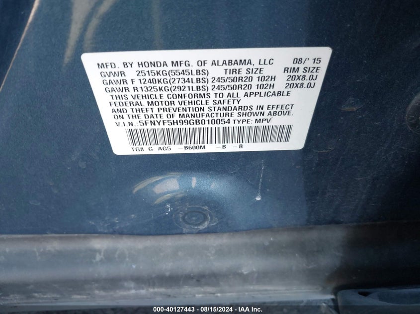 2016 HONDA PILOT TOURING - 5FNYF5H99GB010054