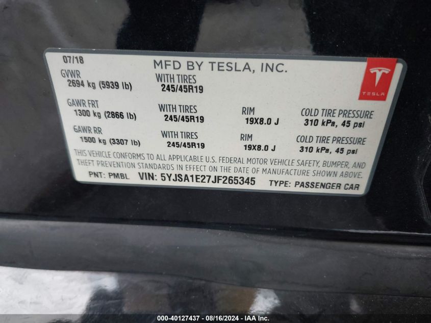 2018 Tesla Model S 100D/75D/P100D VIN: 5YJSA1E27JF265345 Lot: 40127437