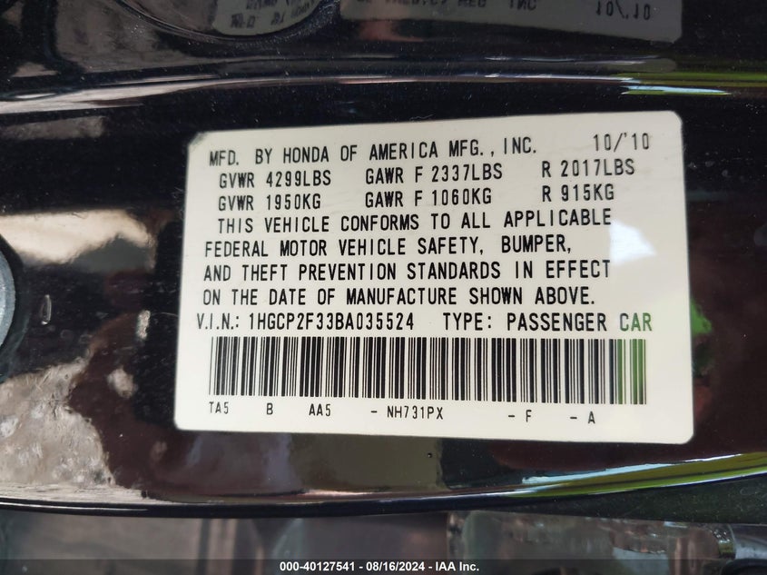 2011 Honda Accord 2.4 Lx VIN: 1HGCP2F33BA035524 Lot: 40127541