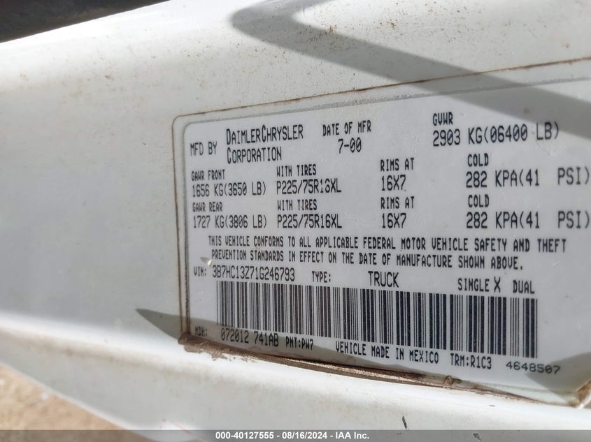 2001 Dodge Ram 1500 St VIN: 3B7HC13Z71G246793 Lot: 40127555