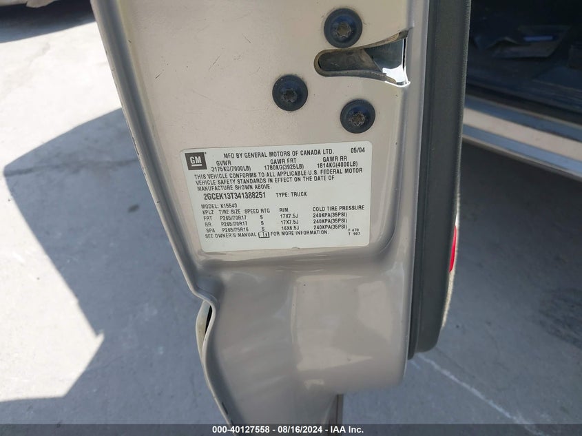 2004 Chevrolet Silverado 1500 Ls VIN: 2GCEK13T341388251 Lot: 40127558
